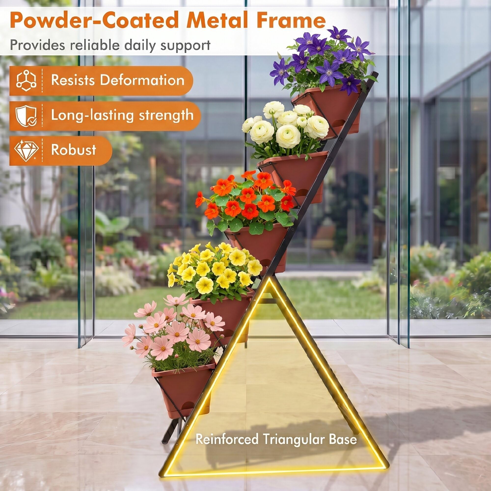 HOMASIS Jardinera Vertical de 5 Niveles, 57 x 71 x 115 cm (Rojo) | Huerto Vertical con Marco de Metal, Bandejas Extraíbles y Orificios de Drenaje, Macetero Elevada para Interiores y Exteriores