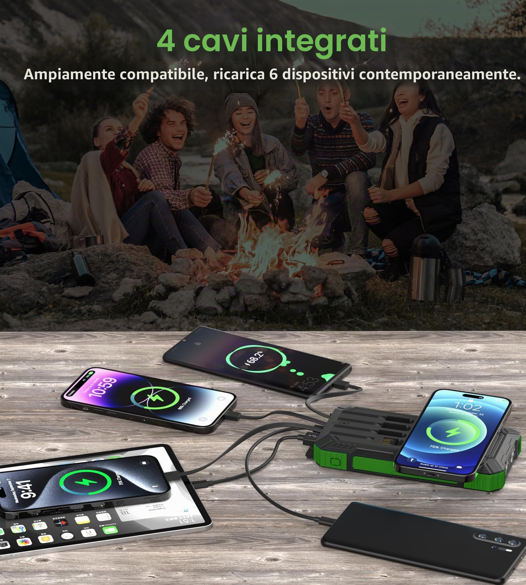 56800mAh Power Bank Solare Wireless, 30W Power Bank Ricarica Rapida, Caricatore Portatile con 4 Cavi Integrati, 6 Uscite, Torcia, Powerbank per Campeggio, Outdoor, Cellulare, Tablet (Verde)