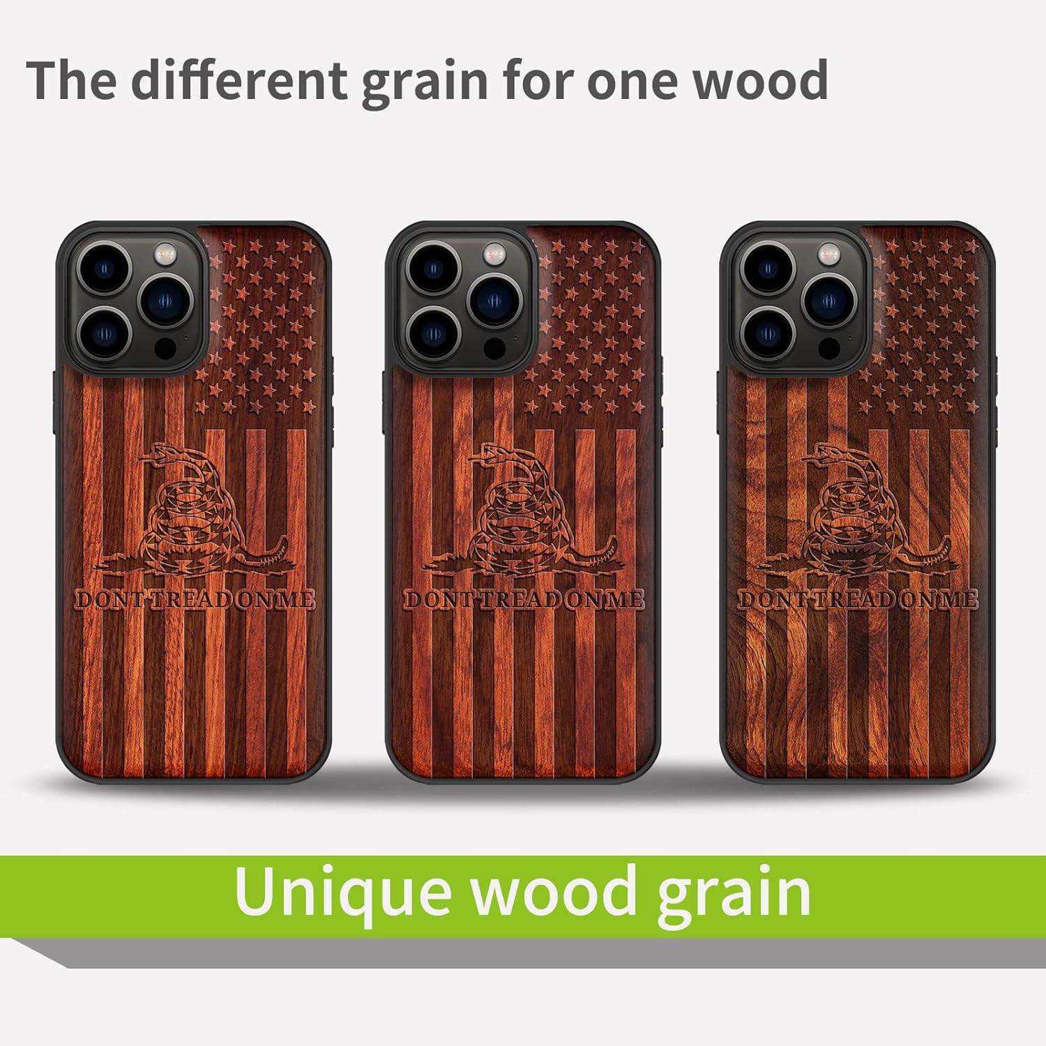 Carveit Magnetic Wood Case for iPhone 13 Pro Max [Natural Wood & Soft TPU] Unique Wooden Shockproof Protective Cover Compatible with MagSafe (Gadsden and American Flag -Rosy)