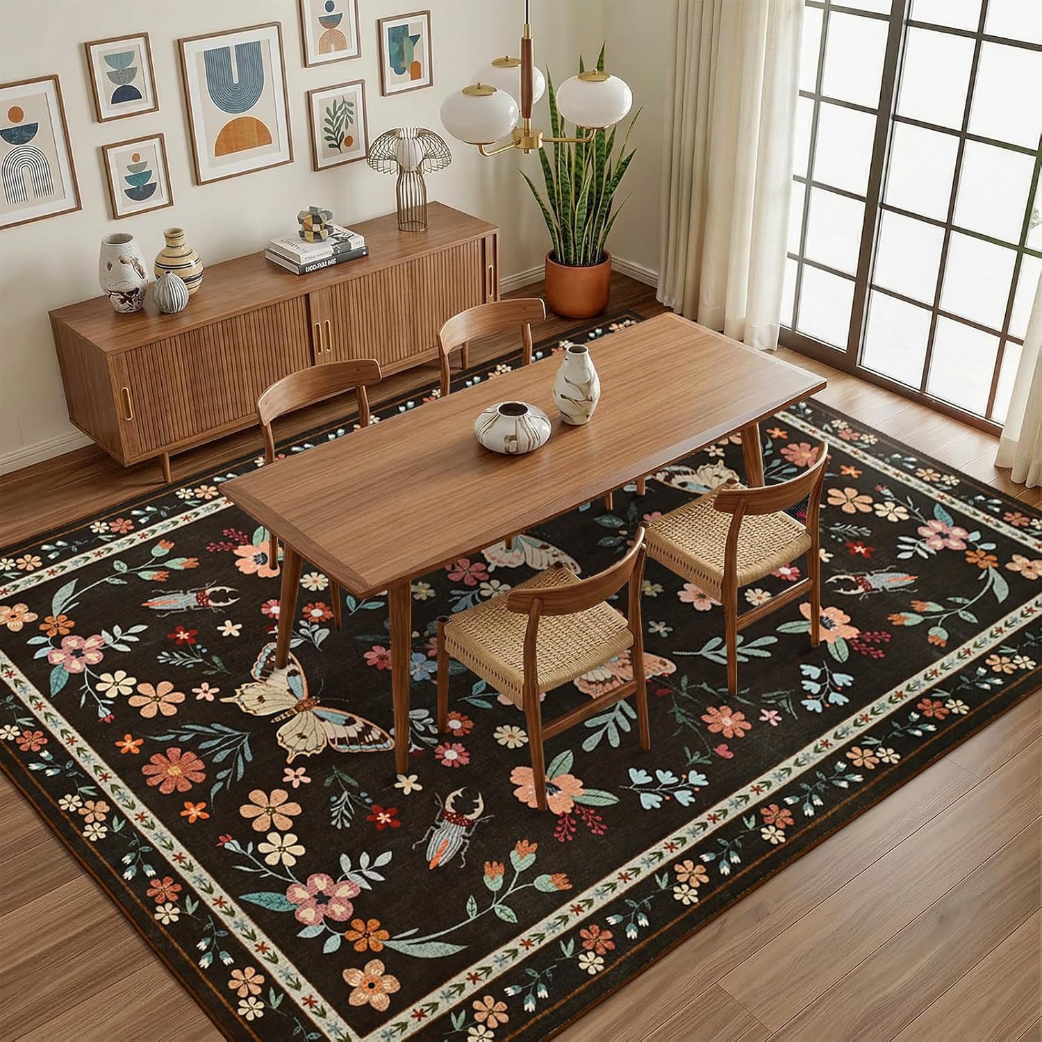 4x6 Area Rugs for Living Room Bedroom, Washable Butterfly Floral Insect Print Rug, Soft Ultra-Thin Non Slip Modern Carpet for Dining Office Kids Nursery Playroom Room Home Decor, Brown
