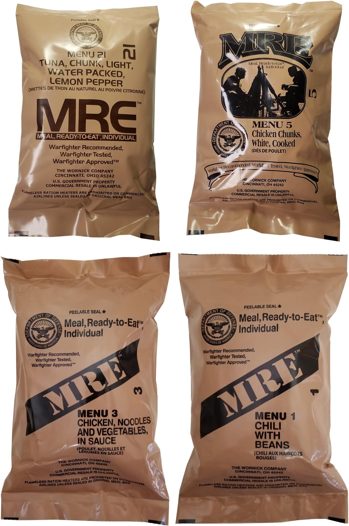 ULTIMATE MRE, Pack Date Printed on Every Meal - Inspection of 2024 or newer - Meal-Ready-To-Eat. Inspected Certified by Western Frontier. Genuine Mil Surplus. (4-Pack)