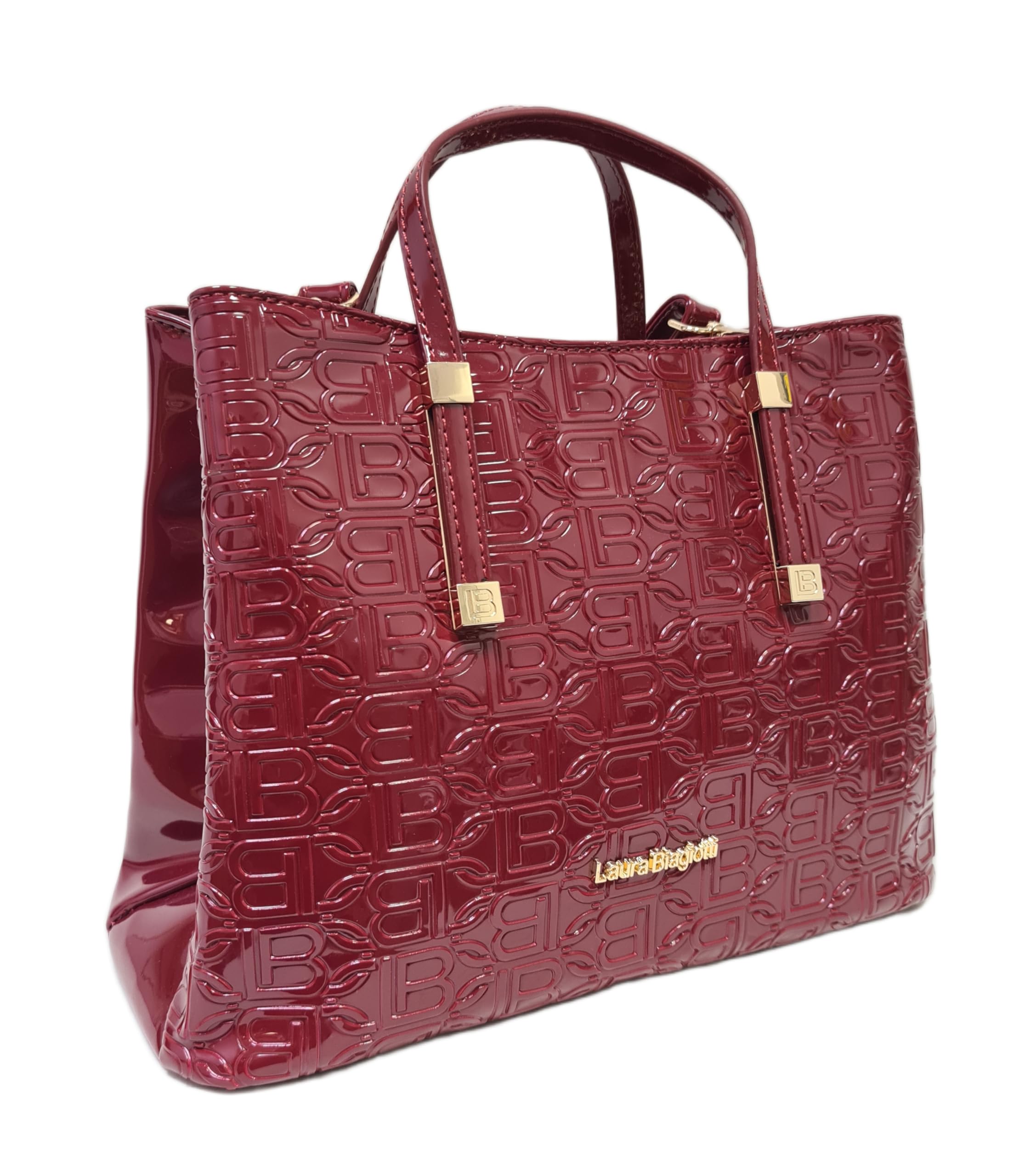 Laura Biagiotti Borsa Donna Linea Arcade, Pelle Sintetica Verniciata, Stampa LB, Manici Doppi e Tracolla Rimovibile, Dimensioni 30x12x22 cm, Accessori Oro ART.LB25W-250-1