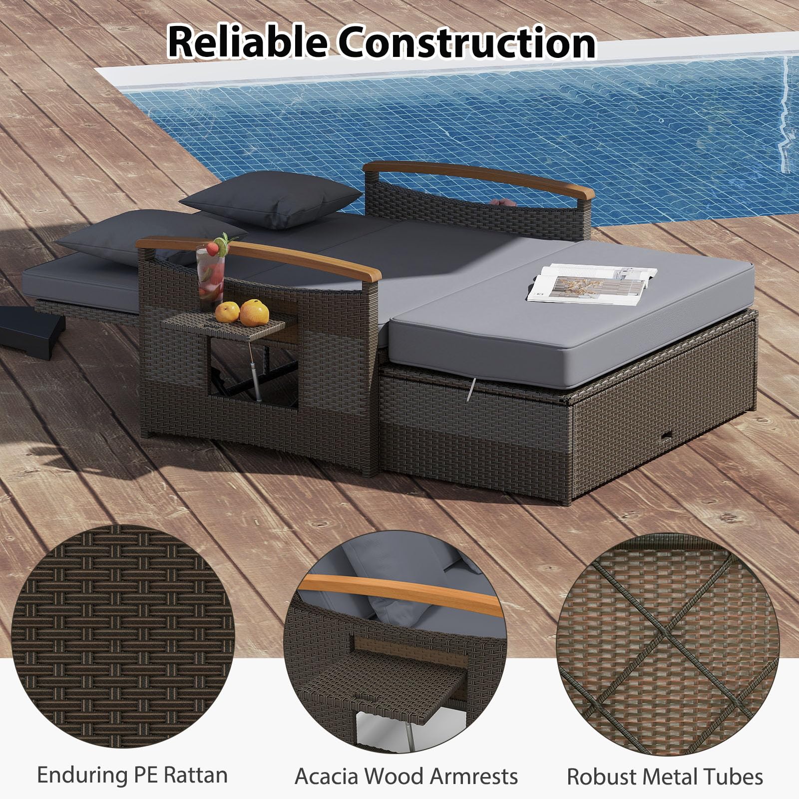 LIFEZEAL Rattan Gartenlounge Set, Lounge Möbel Outdoor, Gartensofa mit Liegefunktion, Outdoor Sofa mit Stauraum, Loungemöbel 2 Personen für Garten, Terrasse & Balkon (Grau+Schwarz)
