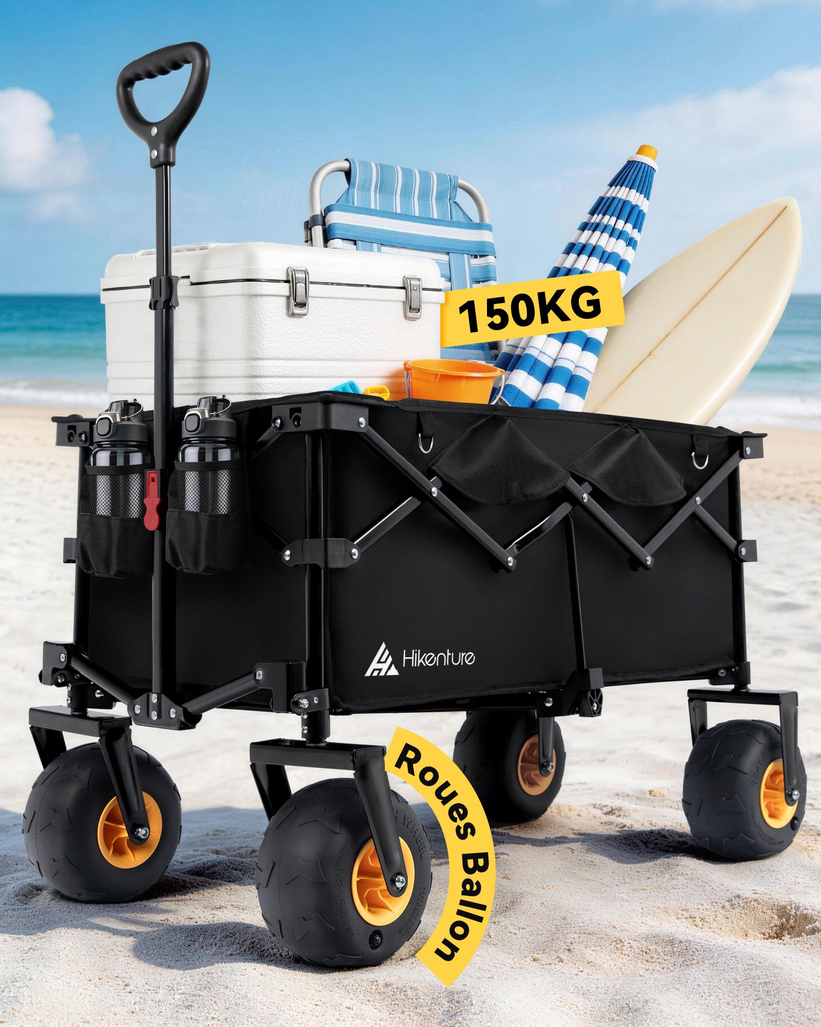 HIKENTURE Chariot de Plage Pliable 135 L, Grosses Roues Ballon 190 mm × 100 mm - Chariot Pliable Tout-Terrain - Charge 150 KG - Chariot de Transport pour Plage, Camping, Courses ou Jardin