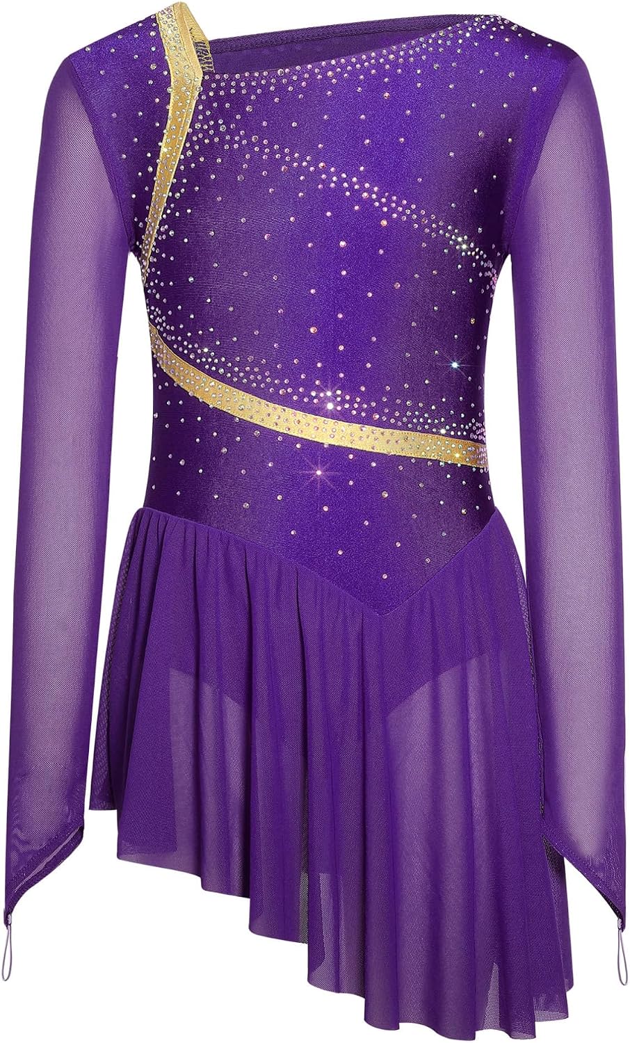 Agoky Kids Girls Figure Ice Skating Dress Mesh Long Sleeve Lyrical Dance Dress Rhinestone Leotard for Performance