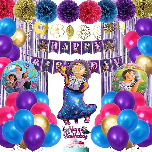 Encanto - Decoraciones para fiestas de cumpleaños decoraciones de globos morados azules y rosas intensas para niñas incluye pancarta de flores de