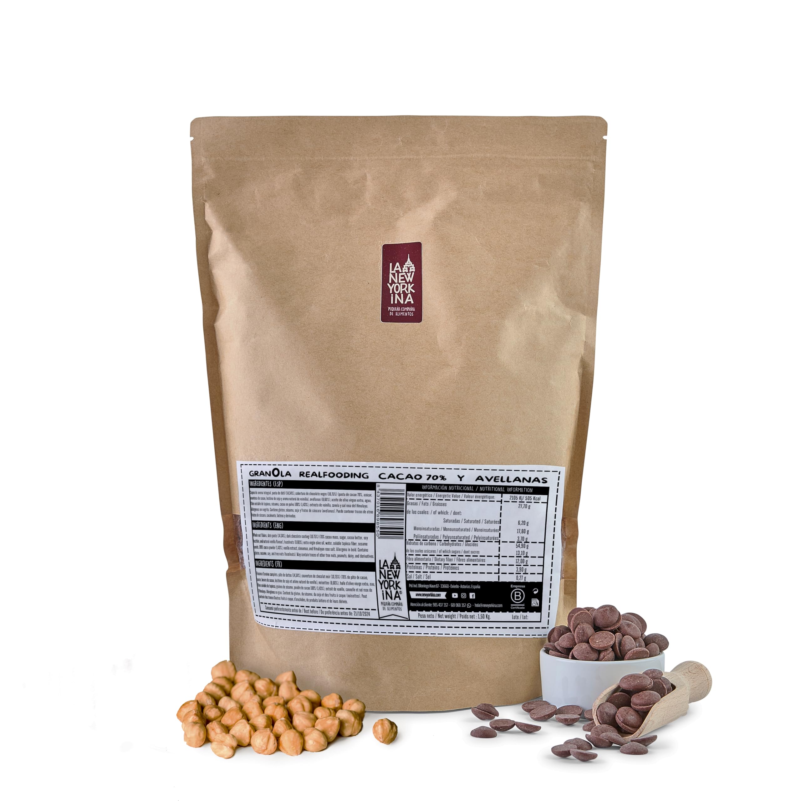La Newyorkina Granola Real Fooding 1.5kg Con Cacao 70%, Avellanas y Pasta de Dátil