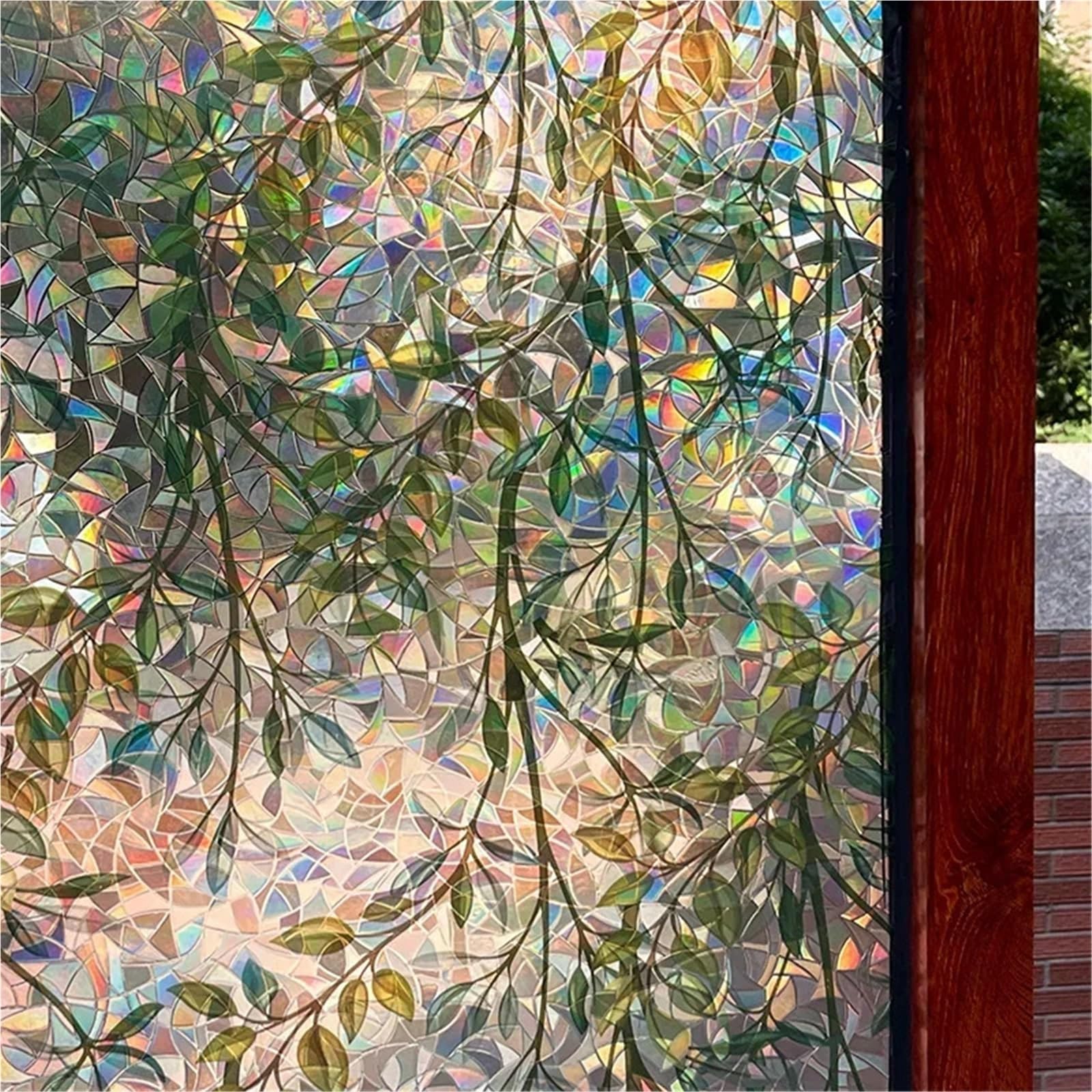 Stained Glass Window Film Window Privacy Film, Green Vines Leaves Stained Glass Window Film Decals For Glass Frosted Window Sticker For Kitchen Door Home(55x300CM)