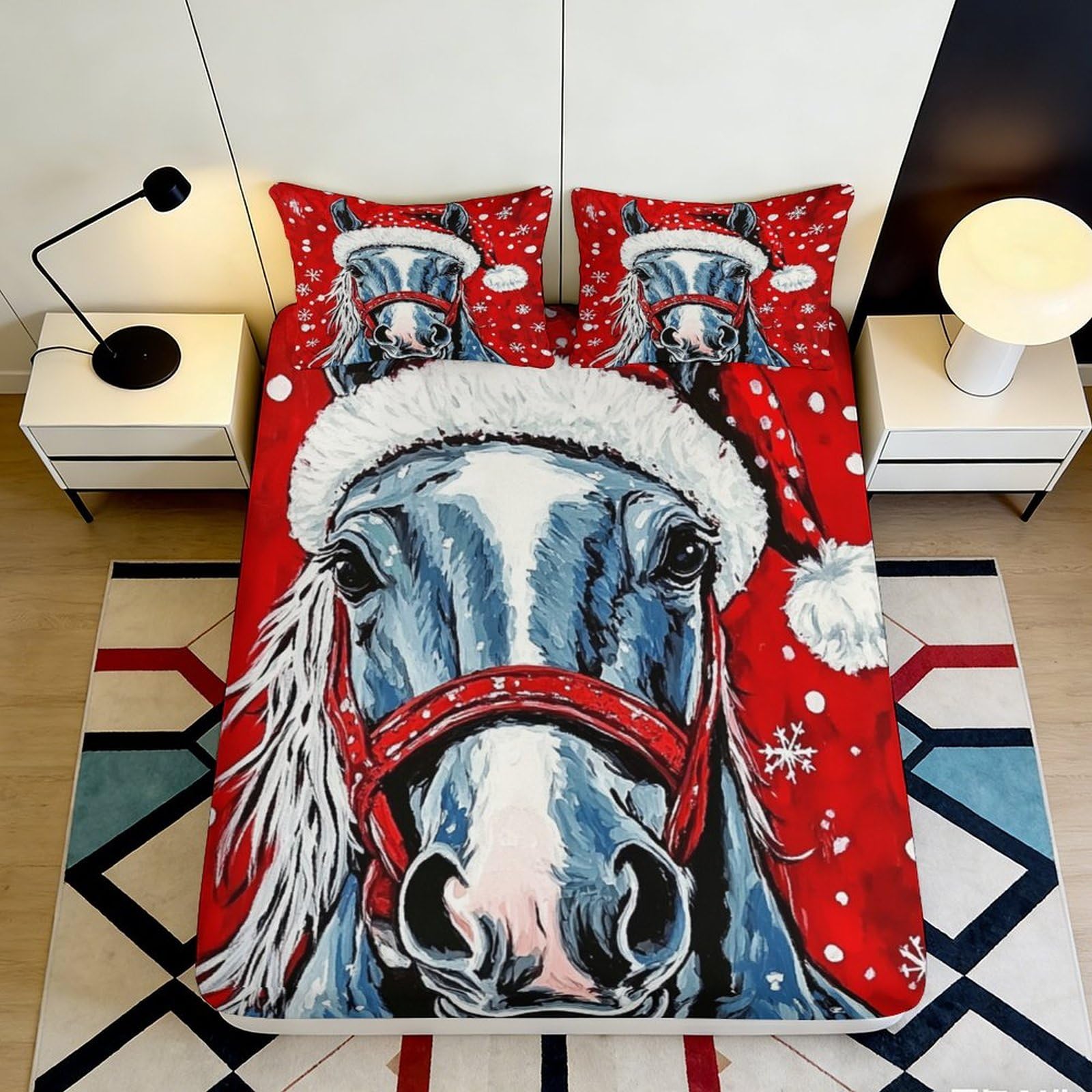 3D Printed Christmas Horse Fitted Sheet Microfiber Soft Durable Santa Hat Bed Cover for Bedroom Dormitory Guest Room Mattress Protection Decoration 140x200x25cm