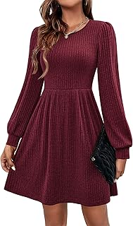 Hotouch Knitted Dress Women's Round Neck Autumn Dress A Line Lightweight Jumper Dress with Pockets Long Sleeve Dresses for Autumn Winter