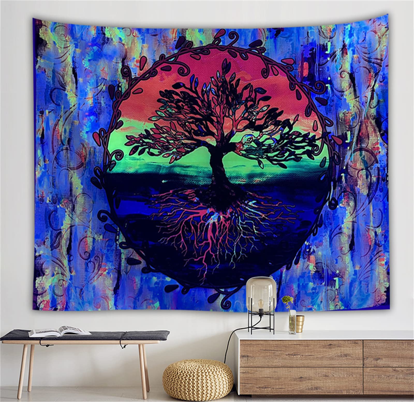 Arazzo Da Parete Fantasy Yuiqear: Albero Della Vita, Foresta Nebbiosa E Luna In Viola E Blu (130x150 Cm) - Decorazione Vintage Per Camera Da Letto