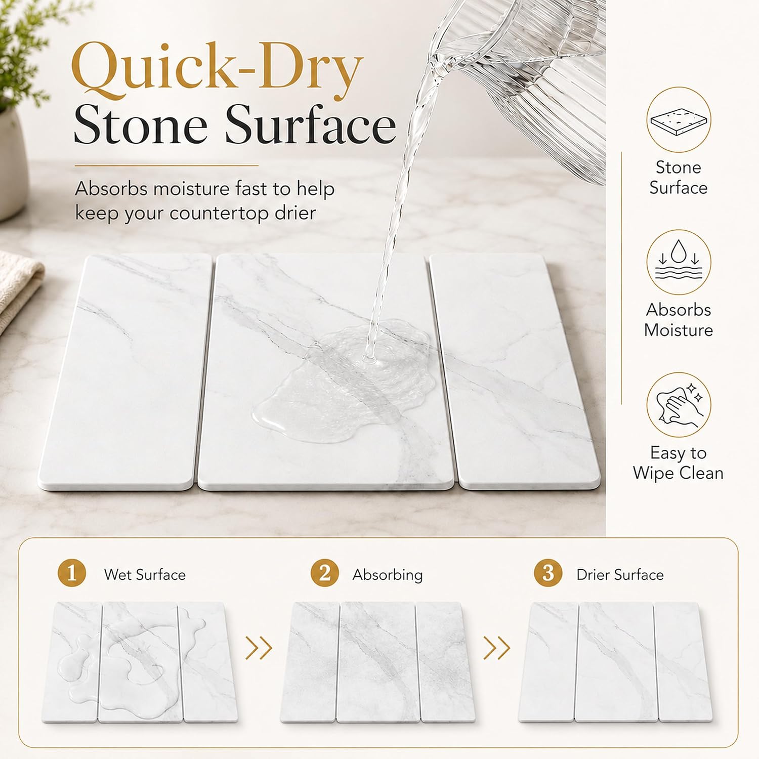 Stone Dish Drying Mat 24" x 16" – Dish Drying Stone Mat – Large Diatomaceous Earth Drying Mat with Non-Slip Base – Quick Dry Kitchen Drying Pad for Dishes, Glassware & Bottles 3 Folded Marbeled White
