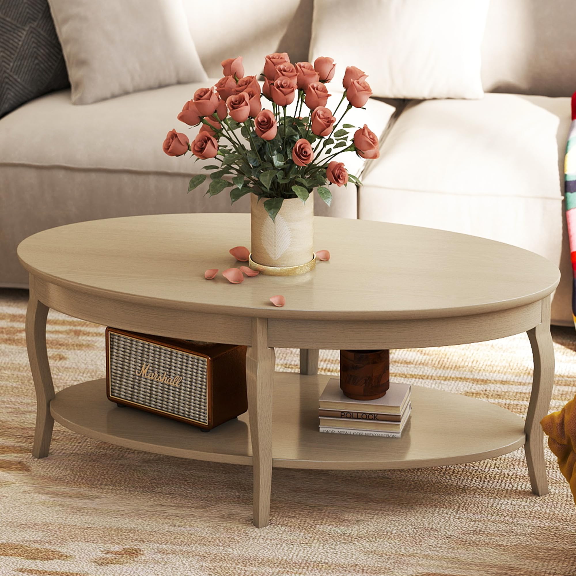 LZAREAL Coffee Table with Storage Oval Solid Wood Coffee Table Antique Farmhosue Living Room Table Rustic Center Table for Living Room Guest Room