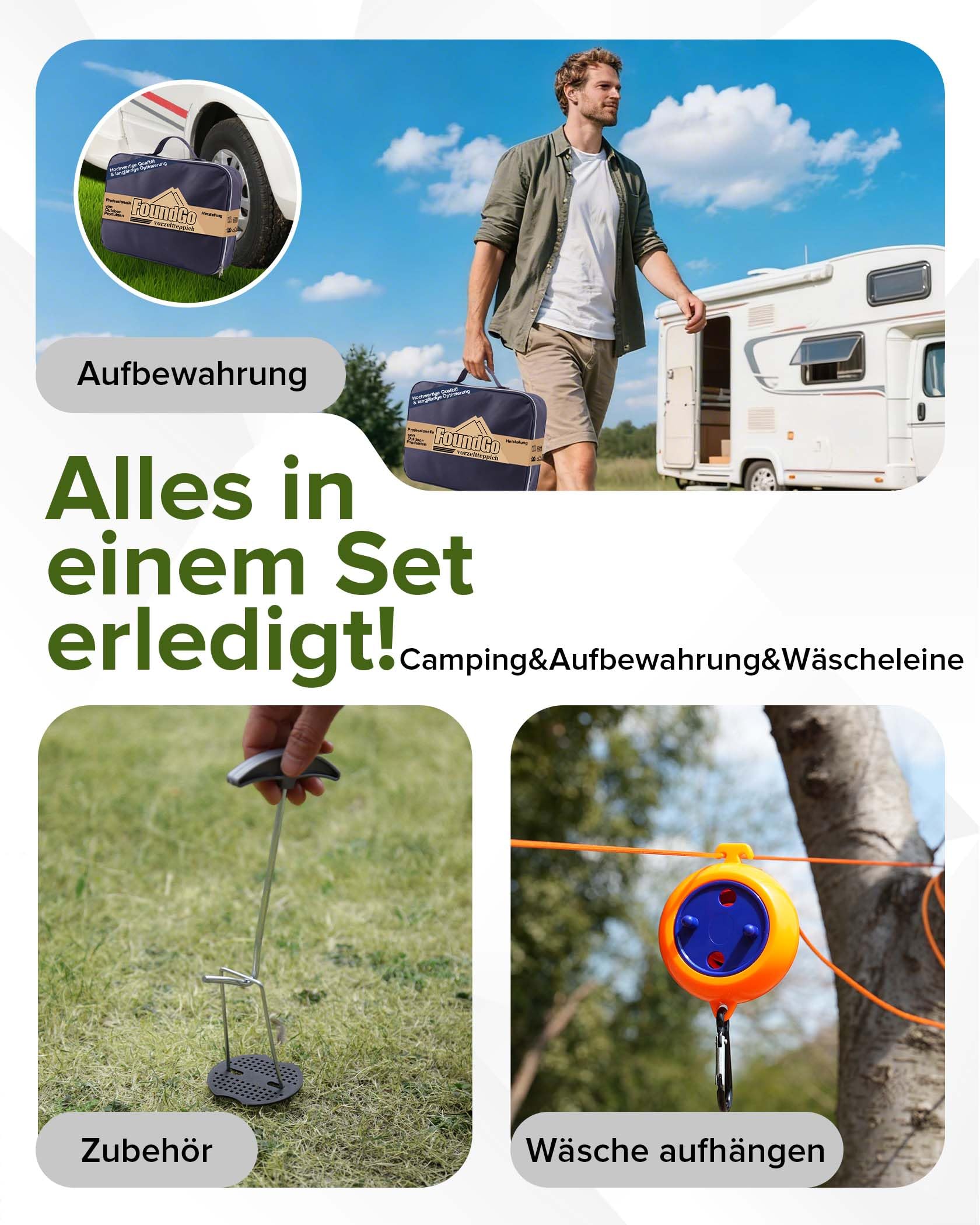 FoundGo Vorzeltteppich mit Ösen [280g/m² HDPE] Camping Teppich Outdoor Vorzeltboden inkl. Tragetasche 8 Stahlnägel & Wäscheleine
