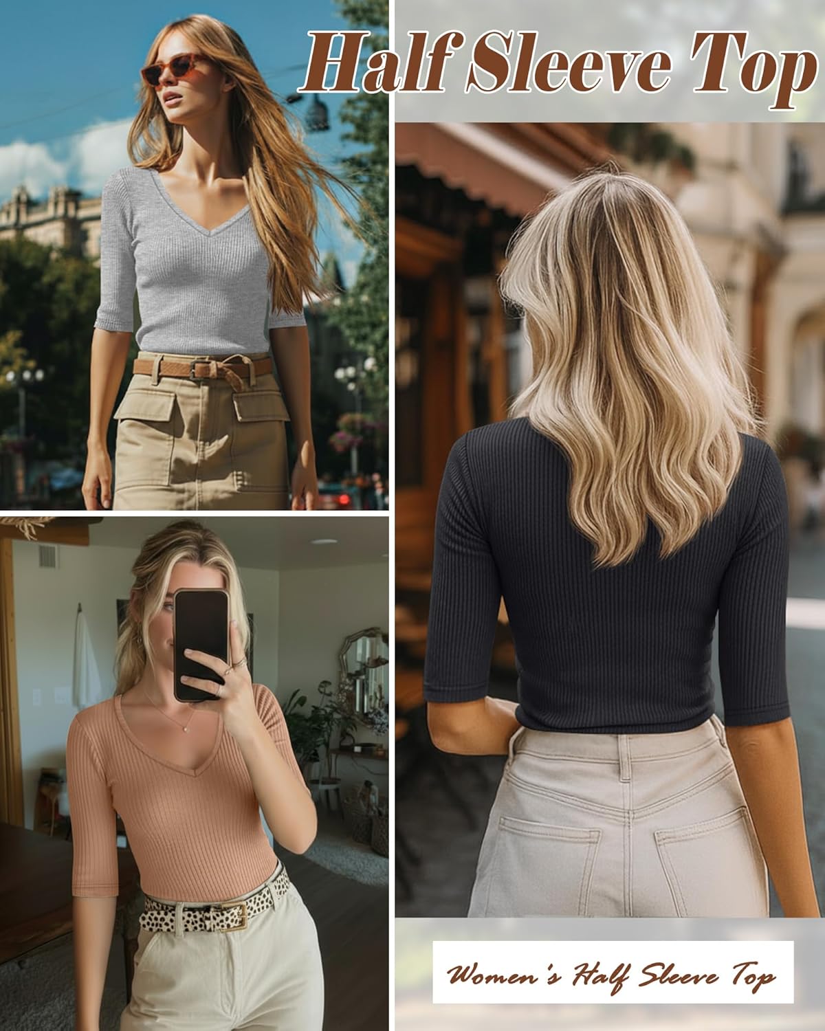 Riyiper 3 Pack Women's Half Sleeve Top Elbow Length Ribbed Cotton T Shirt Women V Neck Summer Tee Slim Fit Casual Blouses - Image 4