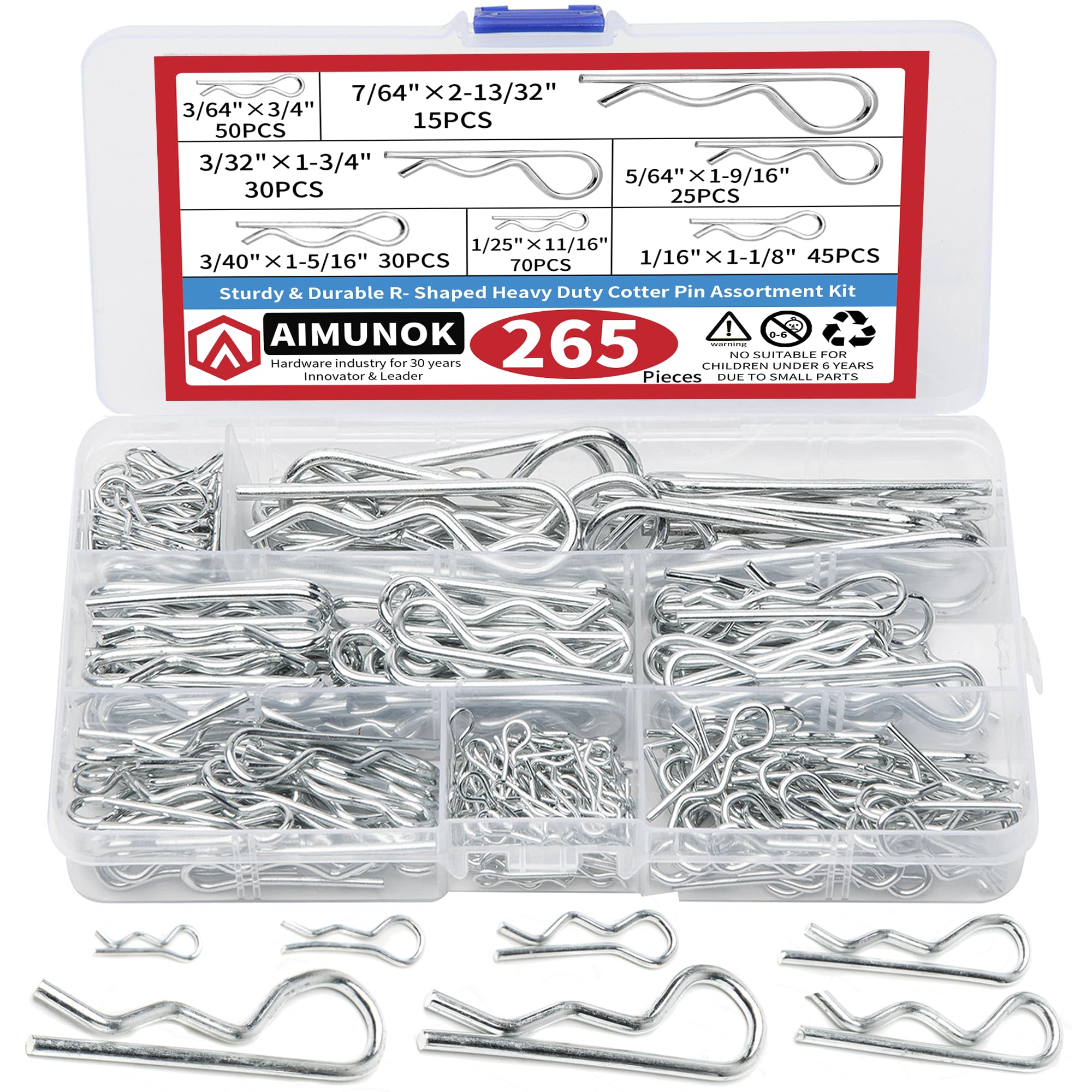 265-Piece R Shaped Spring Cotter Pins Fastener Assortment Kit, 7 Sizes, Metal Heavy Duty Zinc Plated Steel Hair Pin Set, Fastener Set for Automotive Marine Tractors Mower Carts