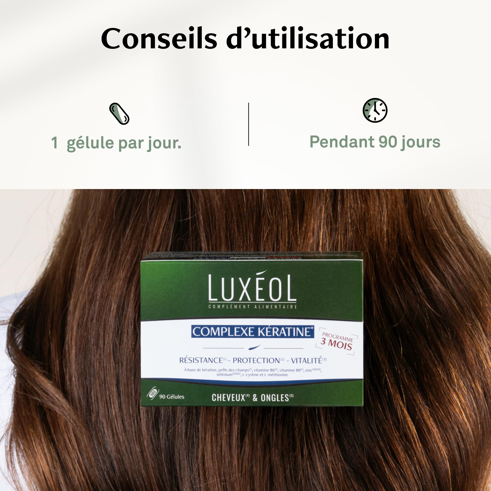 Luxéol - Complexe Kératine 3 mois – Complément alimentaire Cheveux & Ongles - Gélules d'origine végétale - Fabriqué en France - 90 Gélules