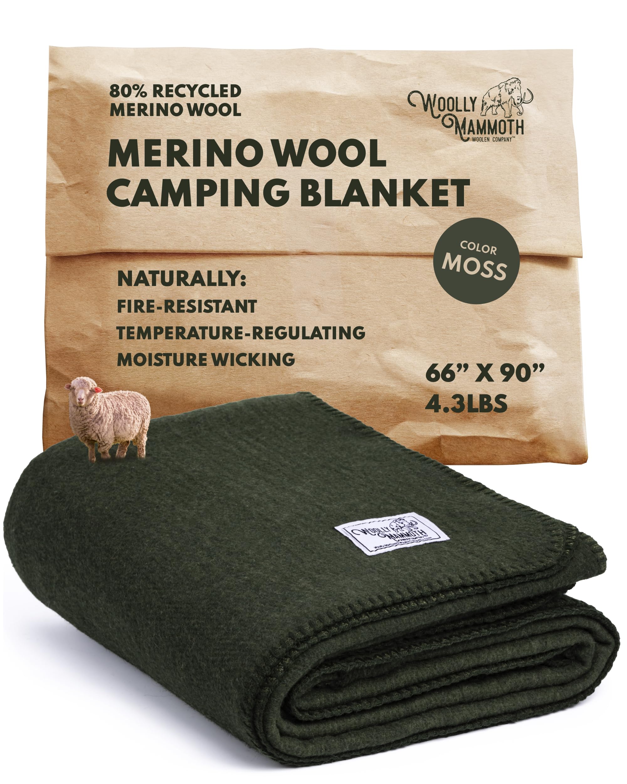 Woolly Mammoth Wolldecke Explorer-Kollektion - 167 x 230 cm, 80% Merinowolle, OlivgrÃ¼n - Robuste Campingdecke & Outdoordecke - Stylische Boho-Picknickdecke - Dicke Thermodecke