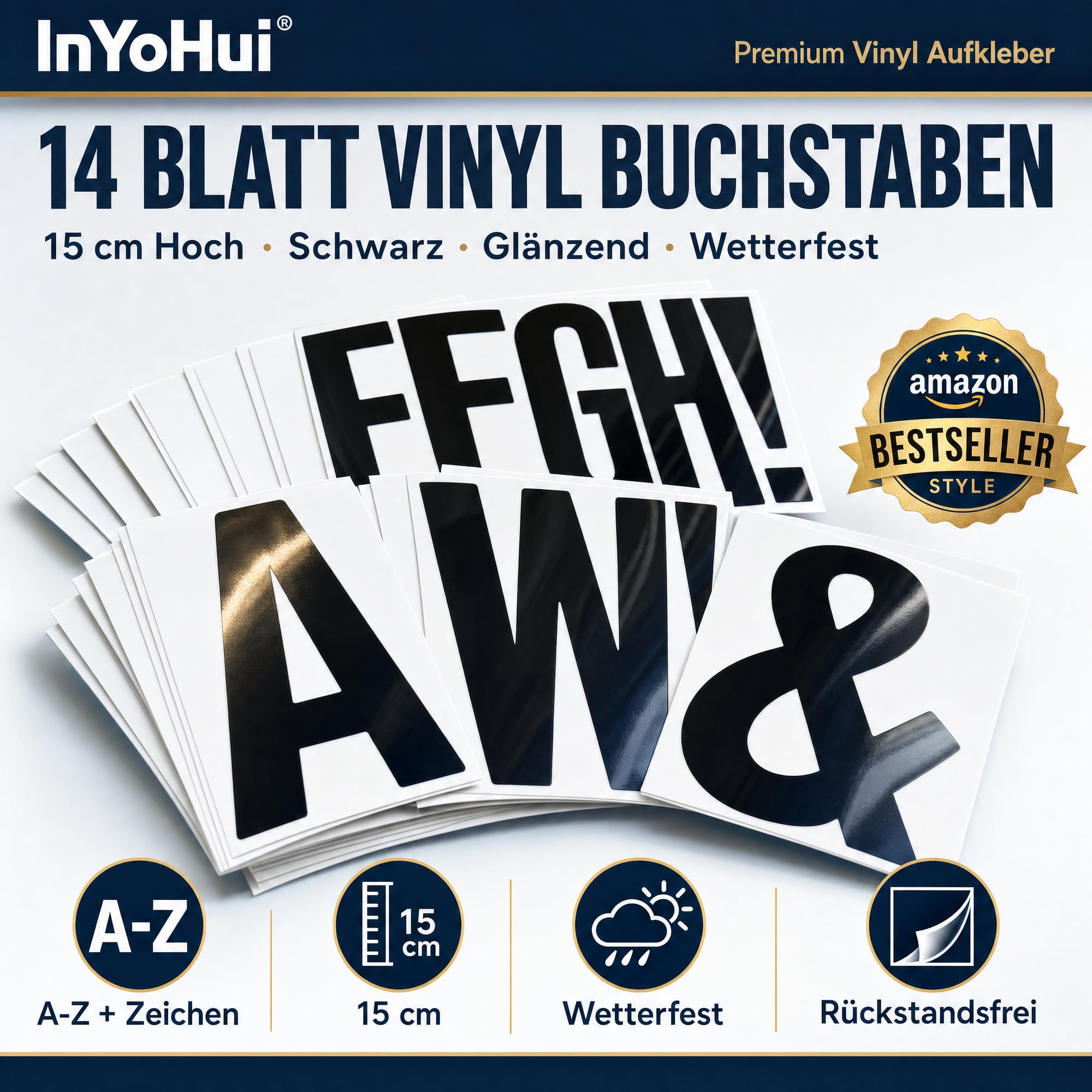 14 Blatt Vinyl Buchstaben Aufkleber 15cm, schwarz | 14 Blatt Vinyl-Buchstaben (A-Z, Zeichen), 15 cm, schwarz. 2 Sätze, wetterfest, rückstandsfrei.
