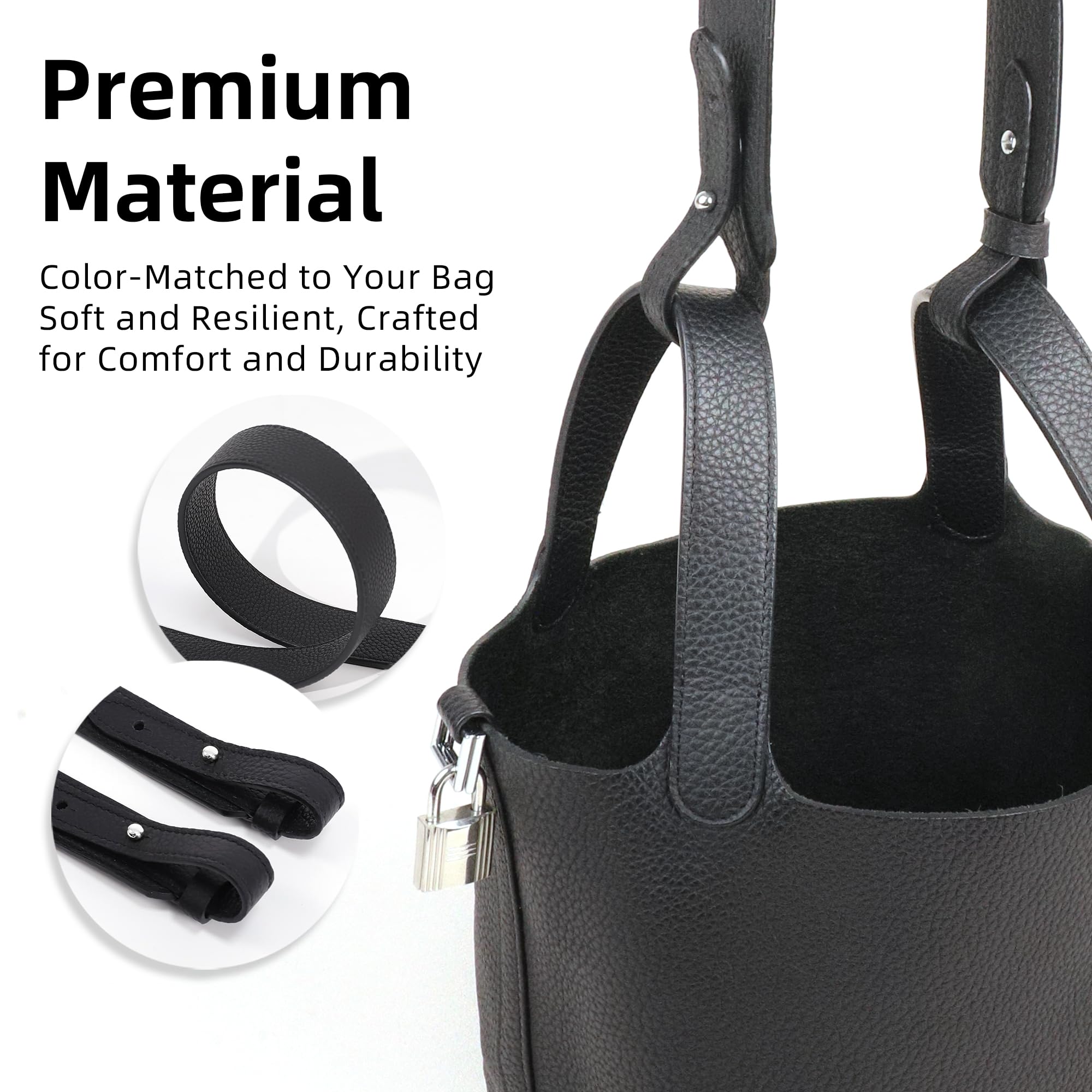DGAZ TC-Leder Schulterriemen, Ersatz Taschengurt für Hermes Picotin/Lindy/Evelyne, Handgefertigt Umhängetaschengurt (Schwarz, Breite 2,7cm, Länge 50cm, Silberne Schnallen)