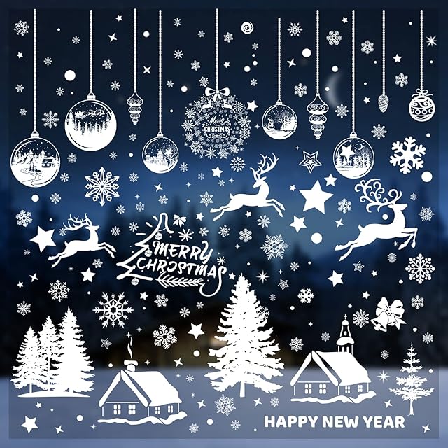 Christmas Window Stickers Decals, White Snowflake Christmas Tree Window Stickers Decorations Reusable, Double Sided Xmas Window Stickers Scene for Glass