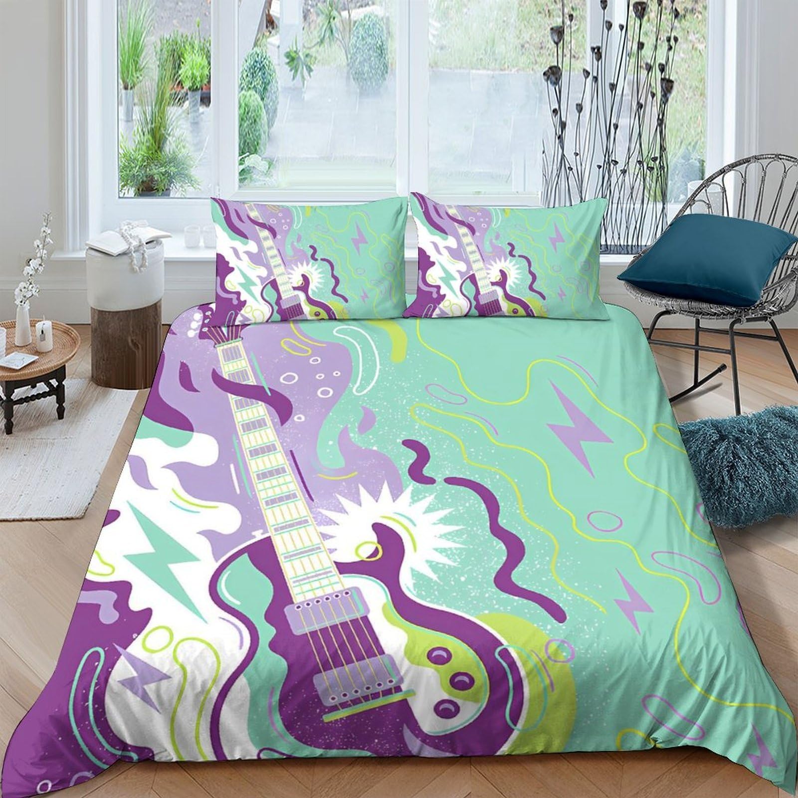 GPLZQXKJNH 3D Printed Electric Guitar Duvet Cover Microfiber Soft Breathable Psychedelic Music Bedding Set with 2 Pillowcases for Bedroom Decor Single（135x200cm）