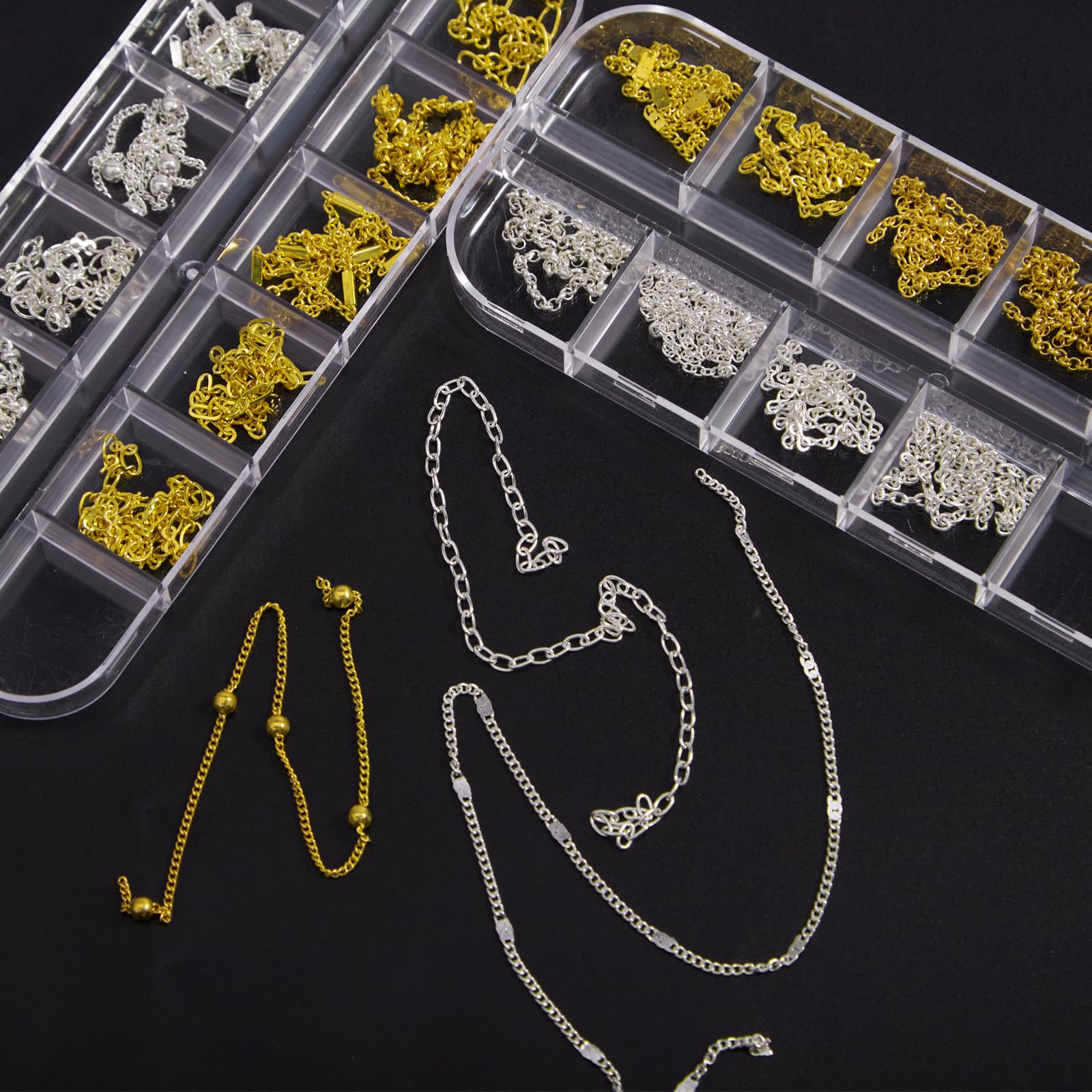 24 strisce di ciondoli in metallo per unghie, catene per nail art in metallo 3D oro argento ciondoli per unghie con scatola in acciaio per gioielli per unghie per donne decorazioni manicure