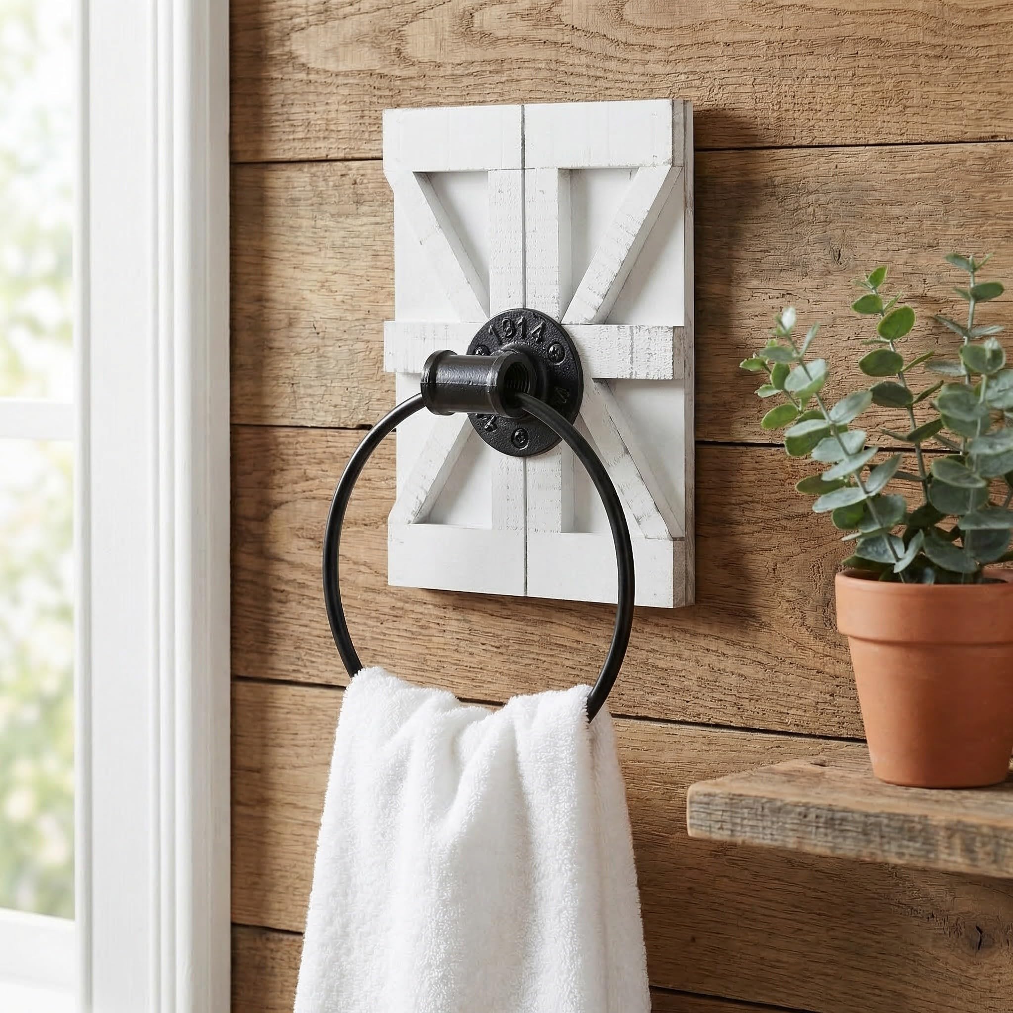 2 Piezas Toallero Rústico de Pared Blanco de Madera y Hierro, Soporte para Toallas de Mano, Ahorro de Espacio para Cocina y Lavandería Estilo Campestre