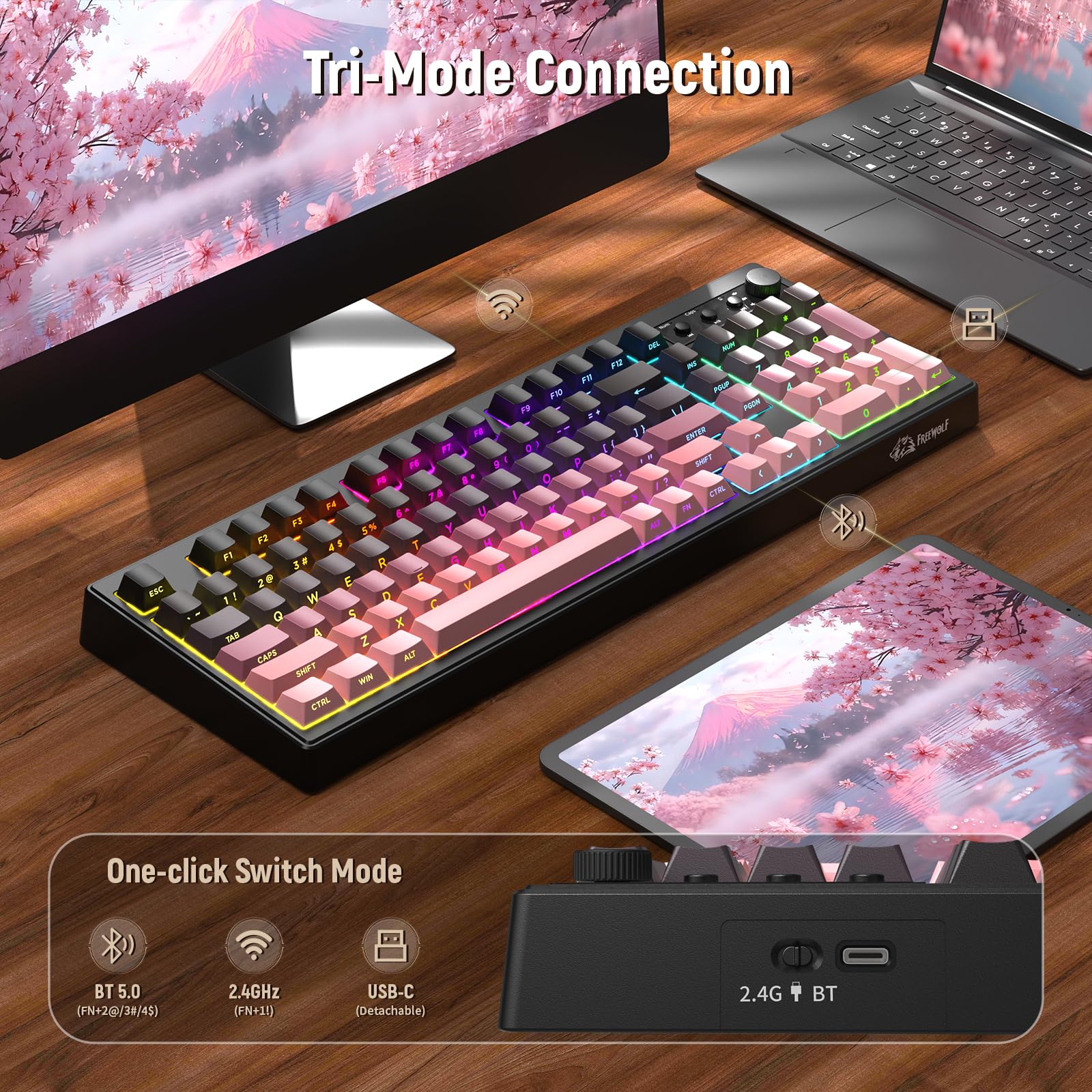 ZIYOU LANG K100 Tastiera Gaming Wireless, Tripla Modalità (BT/2.4G/Cavo) Tastiera a Membrana con Manopola, 102 Tasti PBT Gradiente, 4000mAh, RGB Backlit, Compatibile con PC/Mac e Altro -Mora