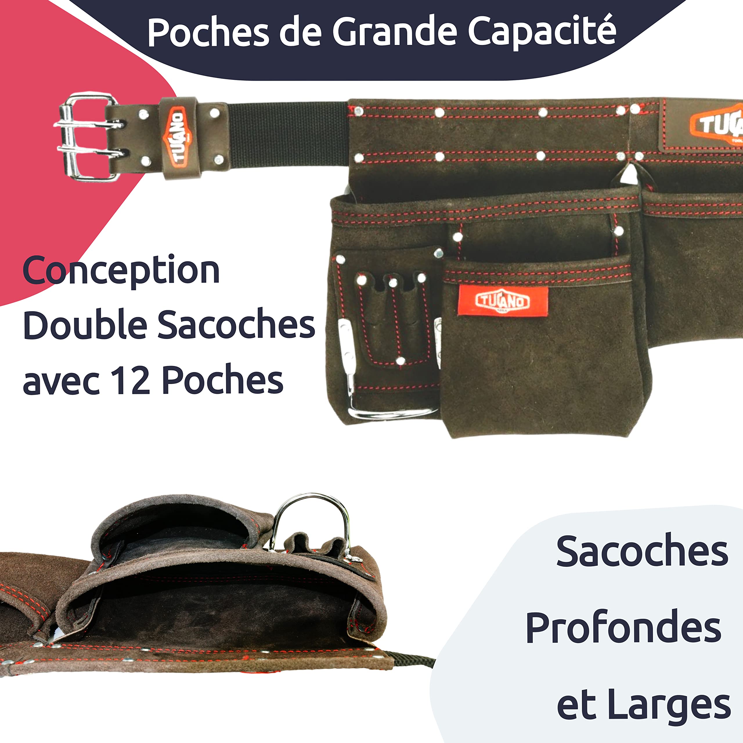 Ceinture à Outils en Cuir Pour Bricoleurs et Charpentiers. Ceinture Bricolage Parfaite Pour Electriciens. 12 Poches à Outils Pour Une Grande Capacité. Convient Aux Tailles S-XXL