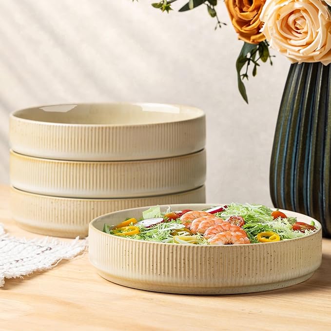 theterra 7.5'' Ceramic Pasta Bowls, Salad Bowls Set of 4, Stoneware Serving Bowls for Fruits, Noodle, Dinner, House-warming Wedding Present, Beige