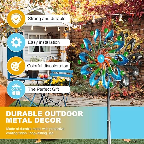 Miniatura 12 de Molinillos de viento para patio y jardín, esculturas de viento y molinillos de 75 pulgadas, arte cinético de jardín con luz de bola de vidrio