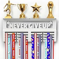 AGATHOS HOME Never Give Up Medal Hanger Display with Trophy Shelf - Metal Wall Rack Holds 64+ Sports Medals, 16" Durable Holder
