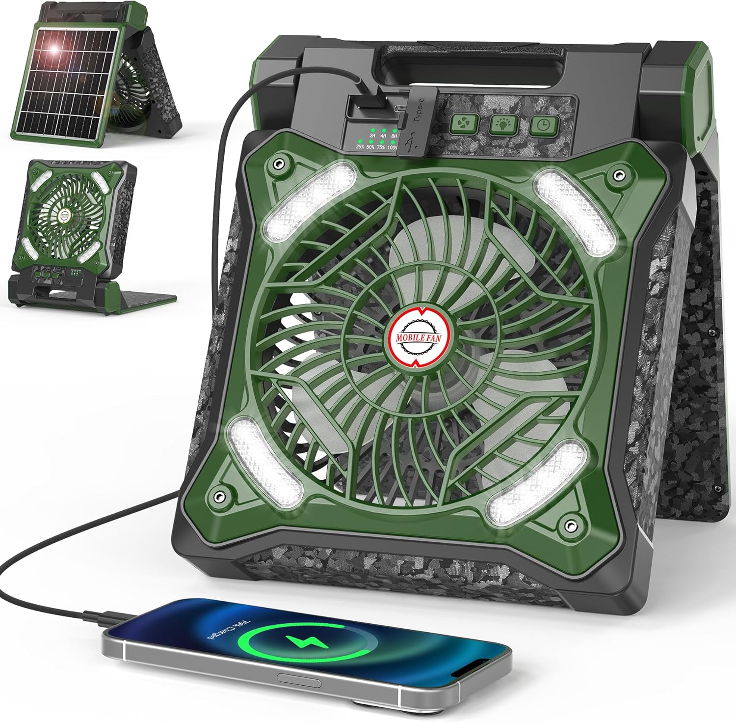 MORECORE X98 Solar Camping Fan with solar panel and phone charging