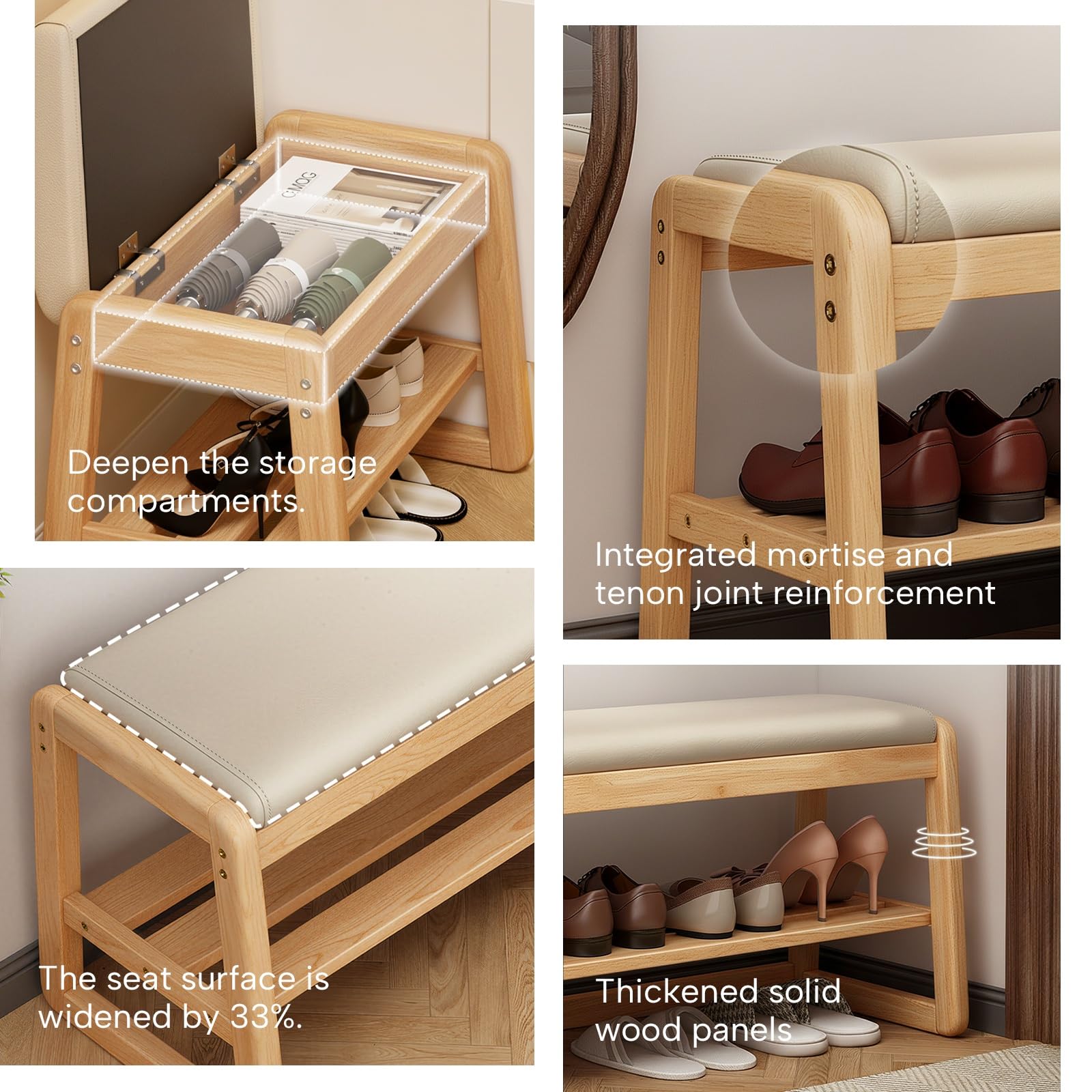 Banco Zapatero Recibidor con Almacenaje, Mueble Zapatero de Madera Maciza con Asiento de Cuero PU, Banco Entrada Efecto Roble Moderno, Estantería Zapatos 2 Niveles para Pasillo(100cm)