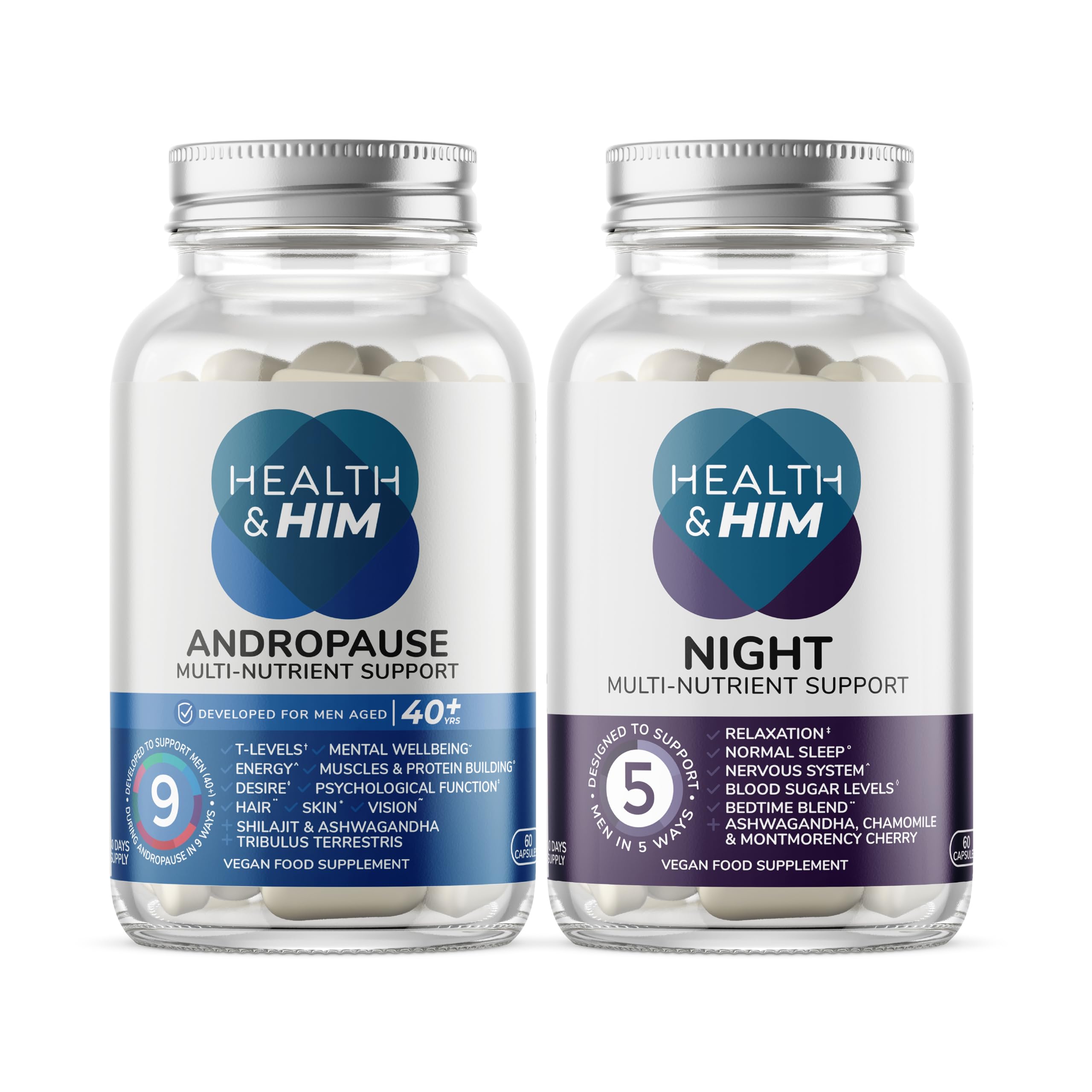 Health & Him Vitamins for Men - Andropause 40+ & Night Bundle - Supplements for Men - Vegan - 1 Month Supply (Bundle)
