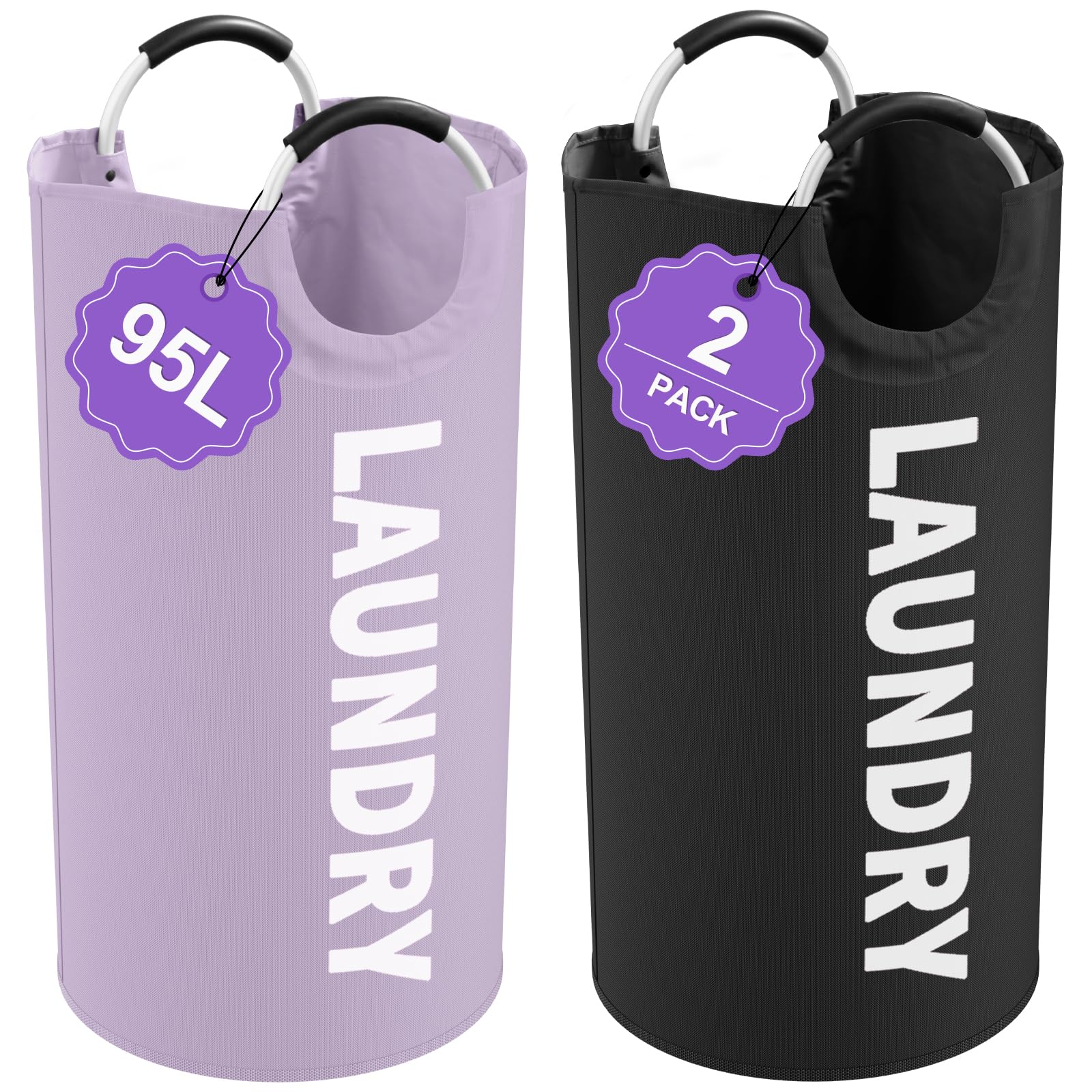 IHOMAGIC Set of 2 Collapsible Laundry Baskets with Aluminum Handles, 95L Large Laundry Baskets in 600D Oxford Fabric, Portable Dirty Clothes Hampers for Bedroom, Travel, Black + Purple