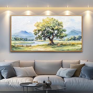 PHAOHUAXM Farmhouse Wall Art For Dining Room Canvas Wall Decor For Bedroom Office Green Tree Ink-Wash Landscape Painting Pictures Art Aesthetic living room Home Decor Posters 20x40 In Wood Framed