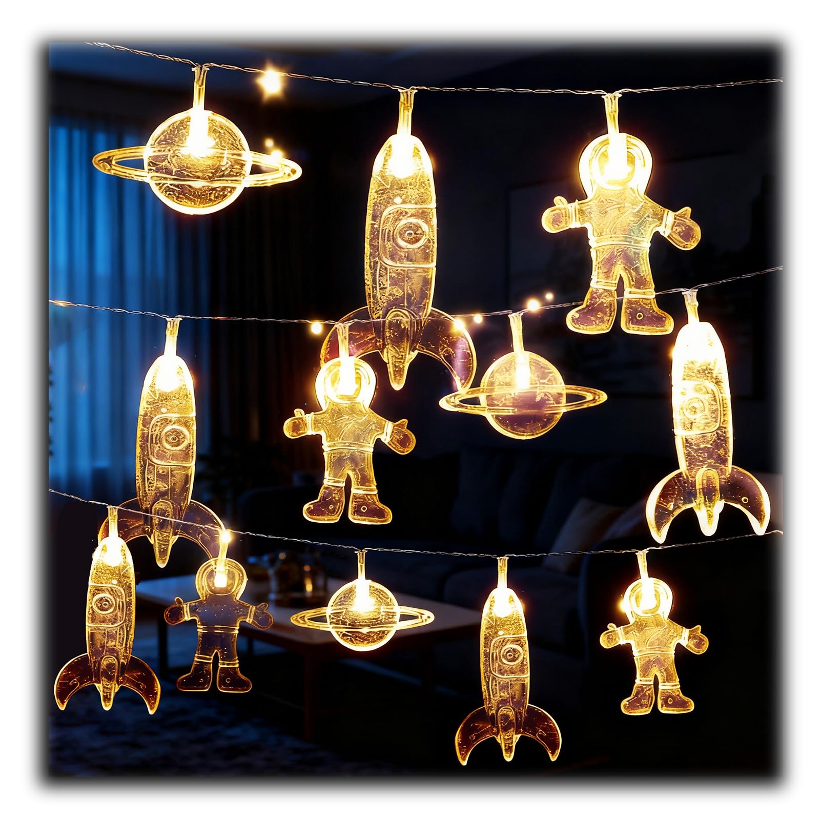 3 Meter 20 Lichterkette Astronaut Raumschiff Rakete Led Simulation Lichterketten Weltraum-Mars-Thema String Lights Gefälschte Lichter Deko für Festival Party Garten Terrasse Schlafzimmer (Warme)