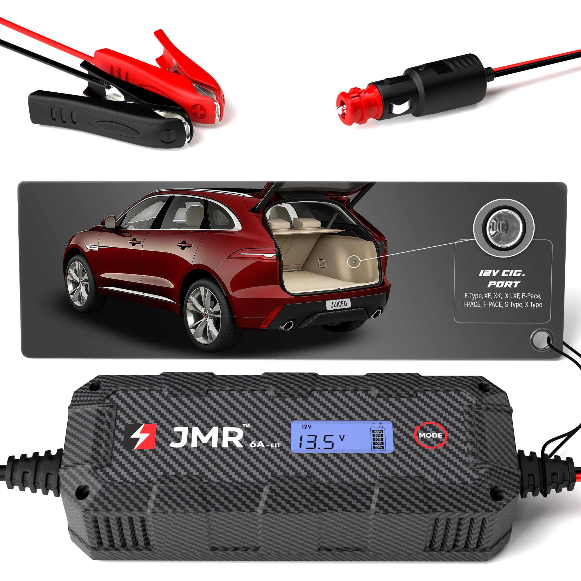 JMR Battery Charger for Jaguar F-Type XE XK XJ XF E-Pace I-PACE F-PACE S-Type X-Type All Models Trickle Charger Conditioner Maintainer (Add Lithium Mode)