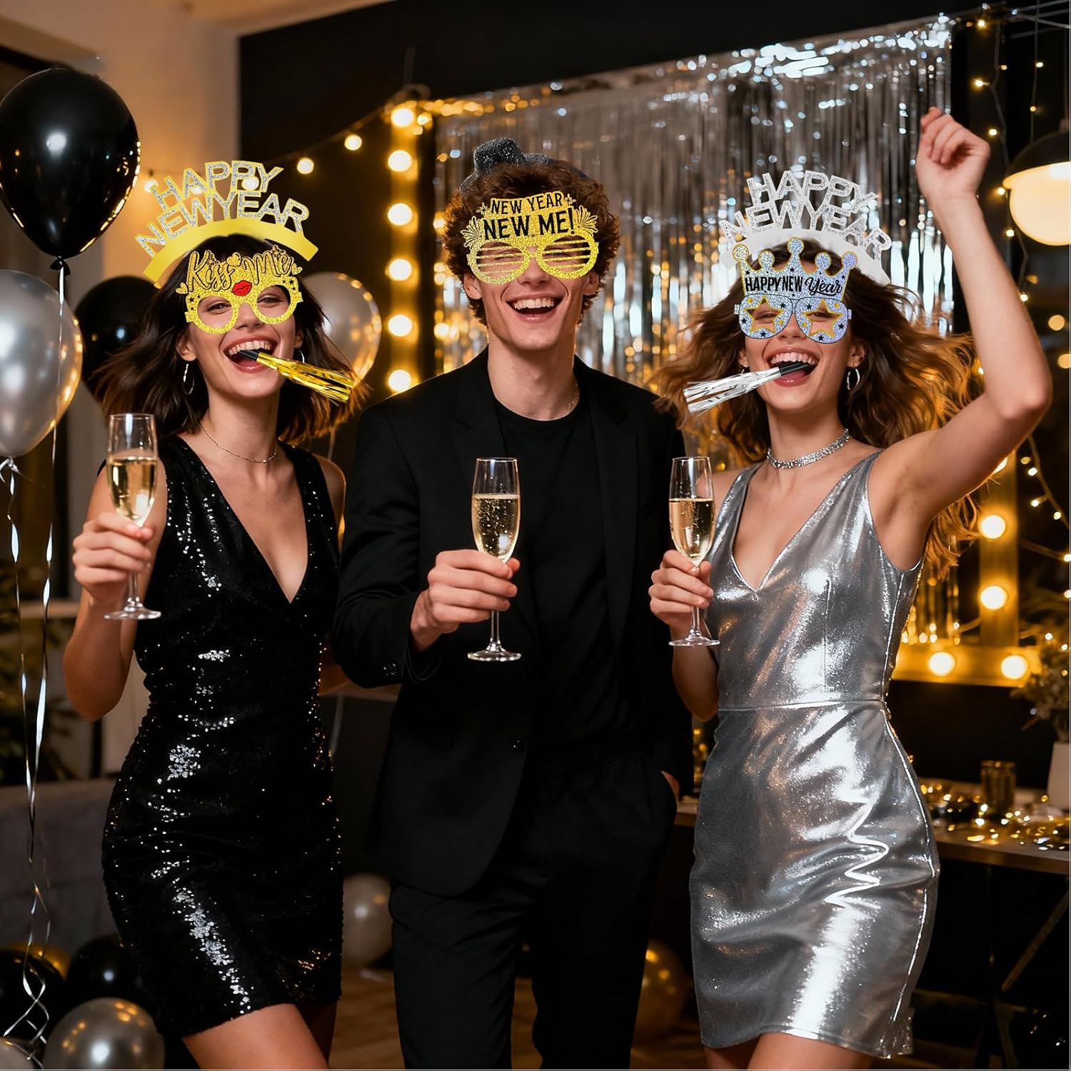 HOWAF New Year Eve Party Supplies 2026, 36pcs Glitter Happy New Years Headband Laser Gold Silver Paper Eyeglasses Noise Makers Gold New Years Decorations for 2026 NYE Party Favor Accessories - Image 7