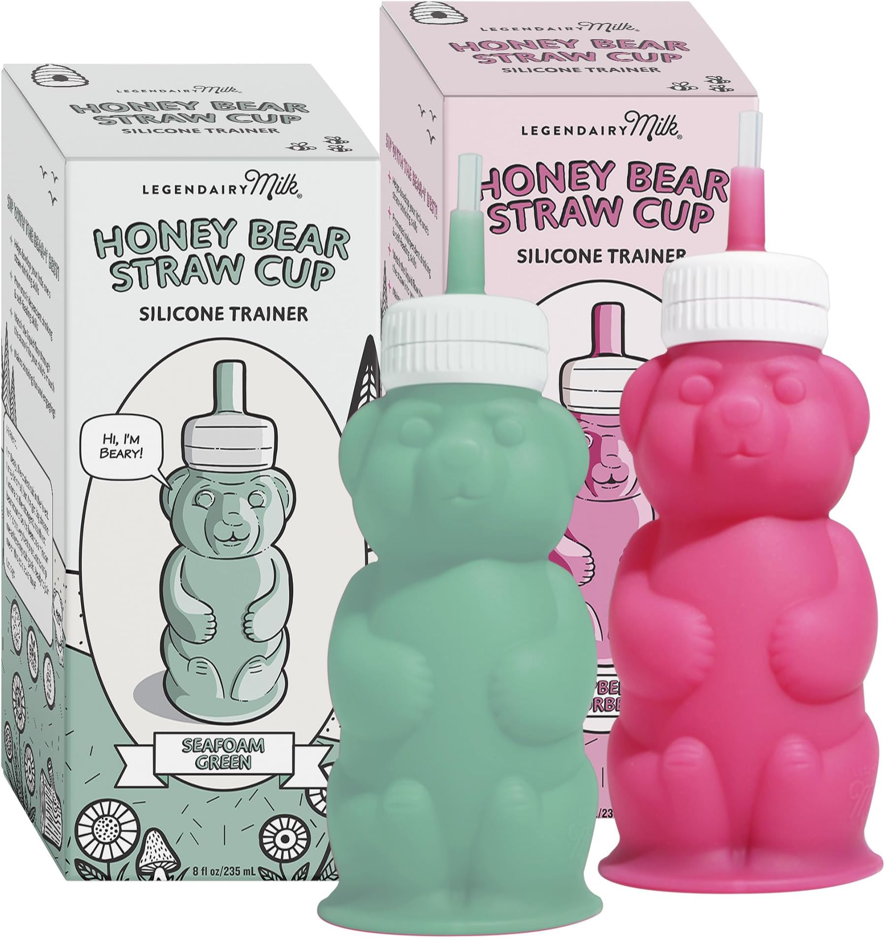 Legendairy Milk Honey Bear Straw Cup Silicone for Babies (Green/Raspberry), 8 oz. Dishwasher Safe Baby Straw Cup, Food Grade Silicone, Honeybear Sippy Cup for Ages 4+ Months (Pack of 2)