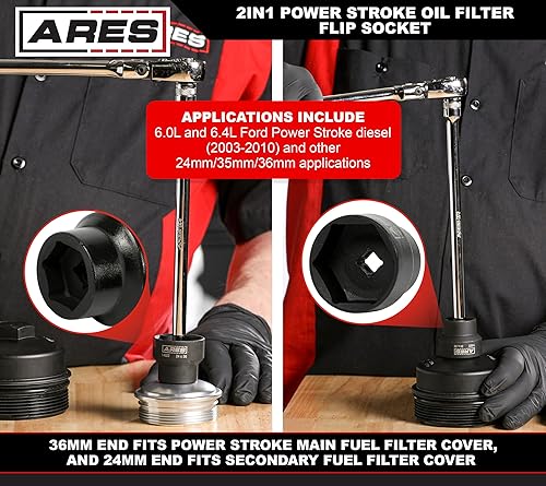 Vista 3 de ARES 14022 – 2-en-1 Filtro de combustible 24mm x 36mm zócalo Flip – Compatible con Ford Power Stroke 2003-2010 6.0L y 6.4L Filtros de combustible
