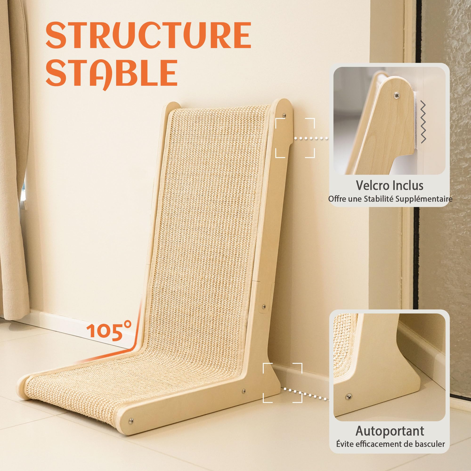 PETKARAY Griffoir Chat en sisal 105°, Forme L Robuste pour intérieur, Protection canapé et Meubles, Fixation Stable au Sol, avec Herbe à Chat Incluse