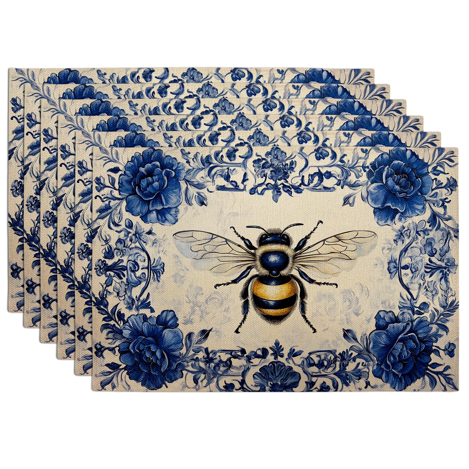 Spring Summer Blue Floral Bee Placemats for Dining Table, Country Cottage Decorative Non-Slip Washable Indoor Outdoor Party Placemat Set of 6