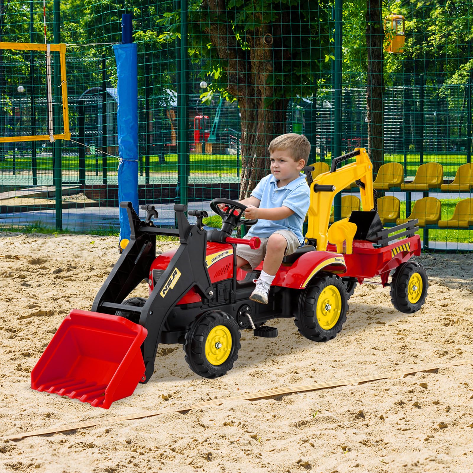 COSTWAY 3 in 1 Escavatore per Bambini, Trattore con Rimorchio Staccabile Cavalcabile, 6 Ruote, 2 Benne, Rosso