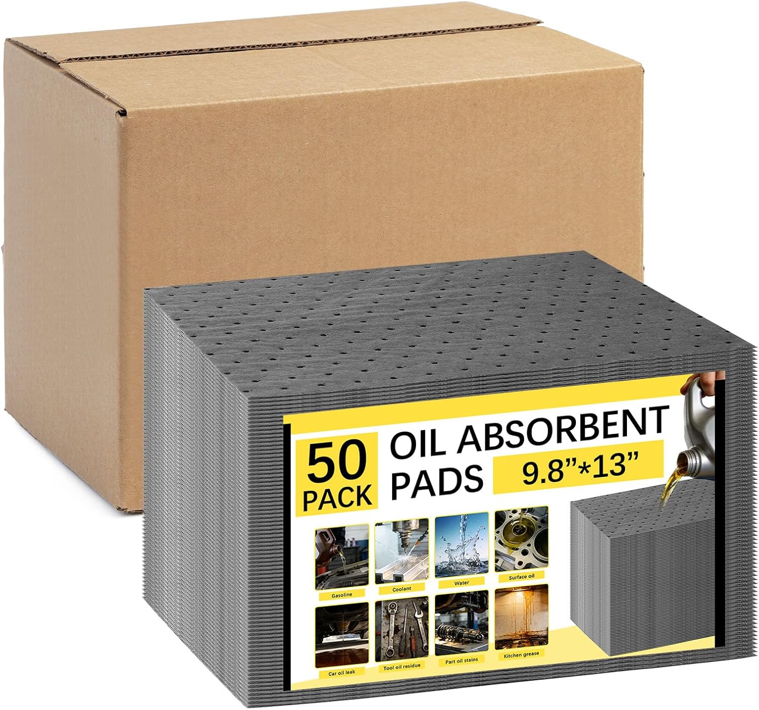 50 Pack Oil Absorbent Pads, Polypropylene oil Spill Mat 9.8 x 13 Inch Water Absorbent Garage Accessories Dry Oil Pads Reusable Absorbing Protecting Sheets for Automotive, Workshop, Basement, Home