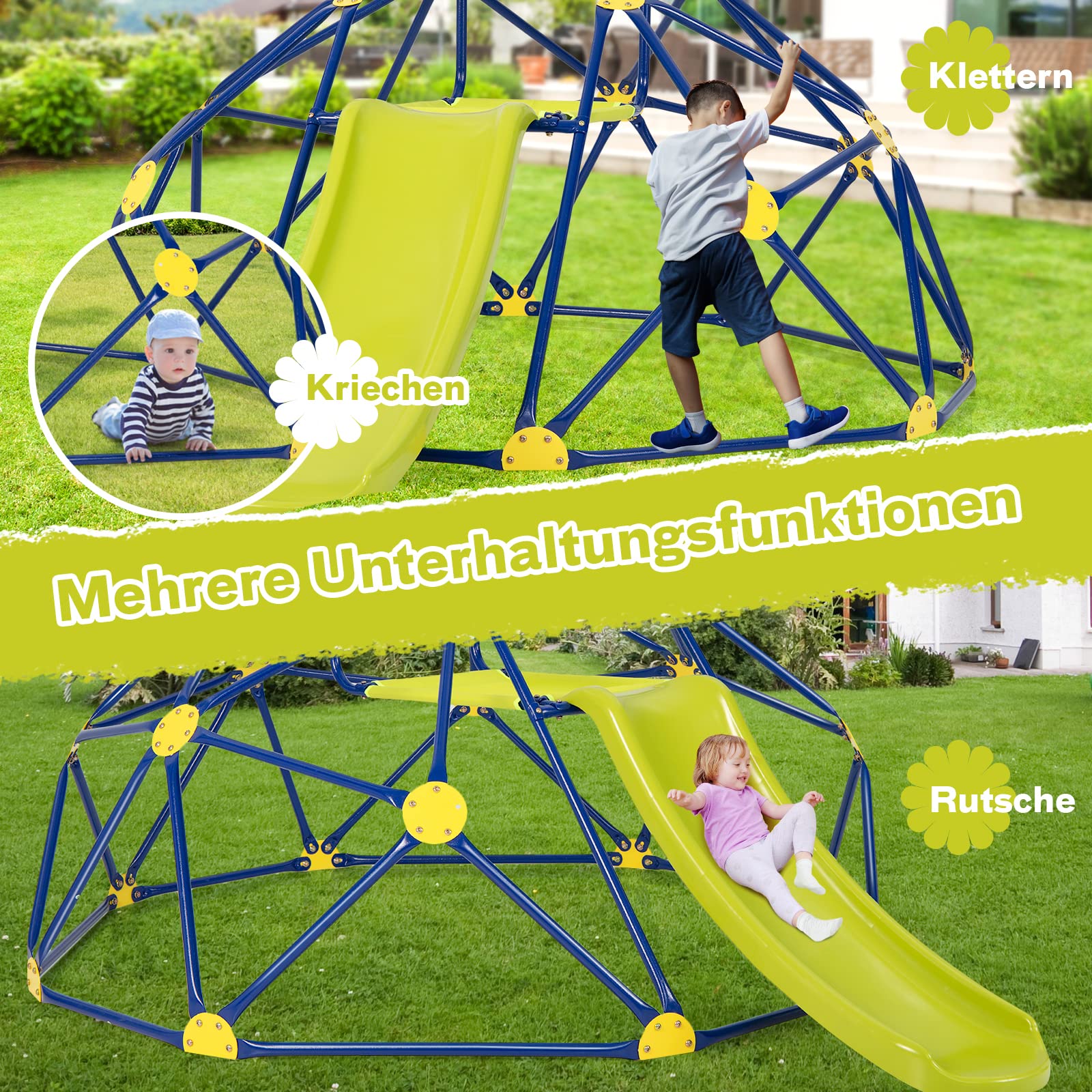 COSTWAY Kletterkuppel und Spielset, Geometrische Kuppel mit Rutsche, 180 KG Tragfähigkeit, Spielplatz für Kinder von 3 bis 10 Jahren, Ideal für Fitnessstudio, Hinterhof, Garten, Park