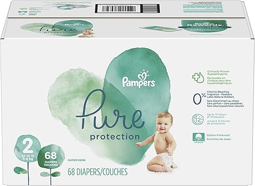 Pañales de tamaño 2 68 unidades pañales desechables Pampers Pure Protection para bebé protección hipoalergénica y sin perfume paquete súper versión