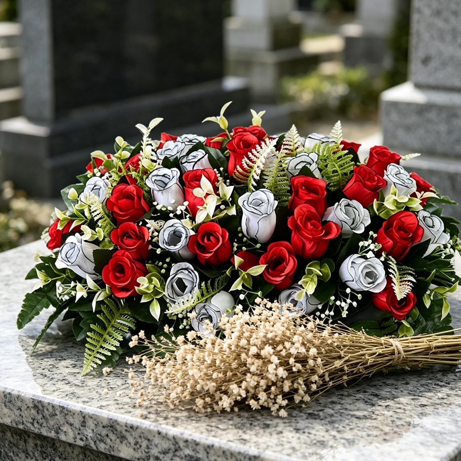 Générique Fleurs De Cimetière Roses artificielles mémorial | Fleurs Artificielles Commémoratives Décor De Tombe Pour Pierre Tombale Tombe Cimetière Couronnes Funéraires Jardin Patio